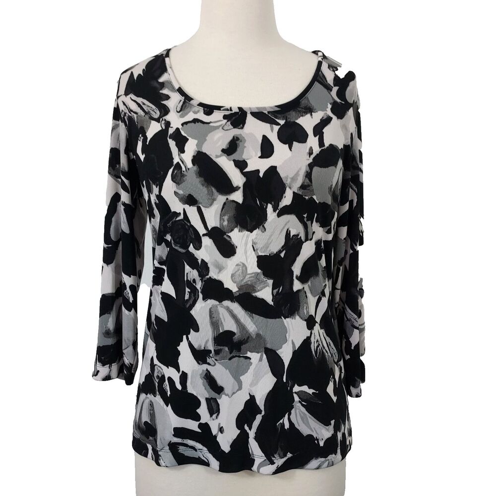 Easy Wear by Chico's Top Shirt Blouse Womens Size 1 ( M ) Black White Watercolor
